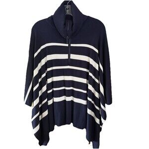 CHICO'S ZIP COLLAR STRIPED SWEATER PONCHO (CLASSIC NAVY) S/M